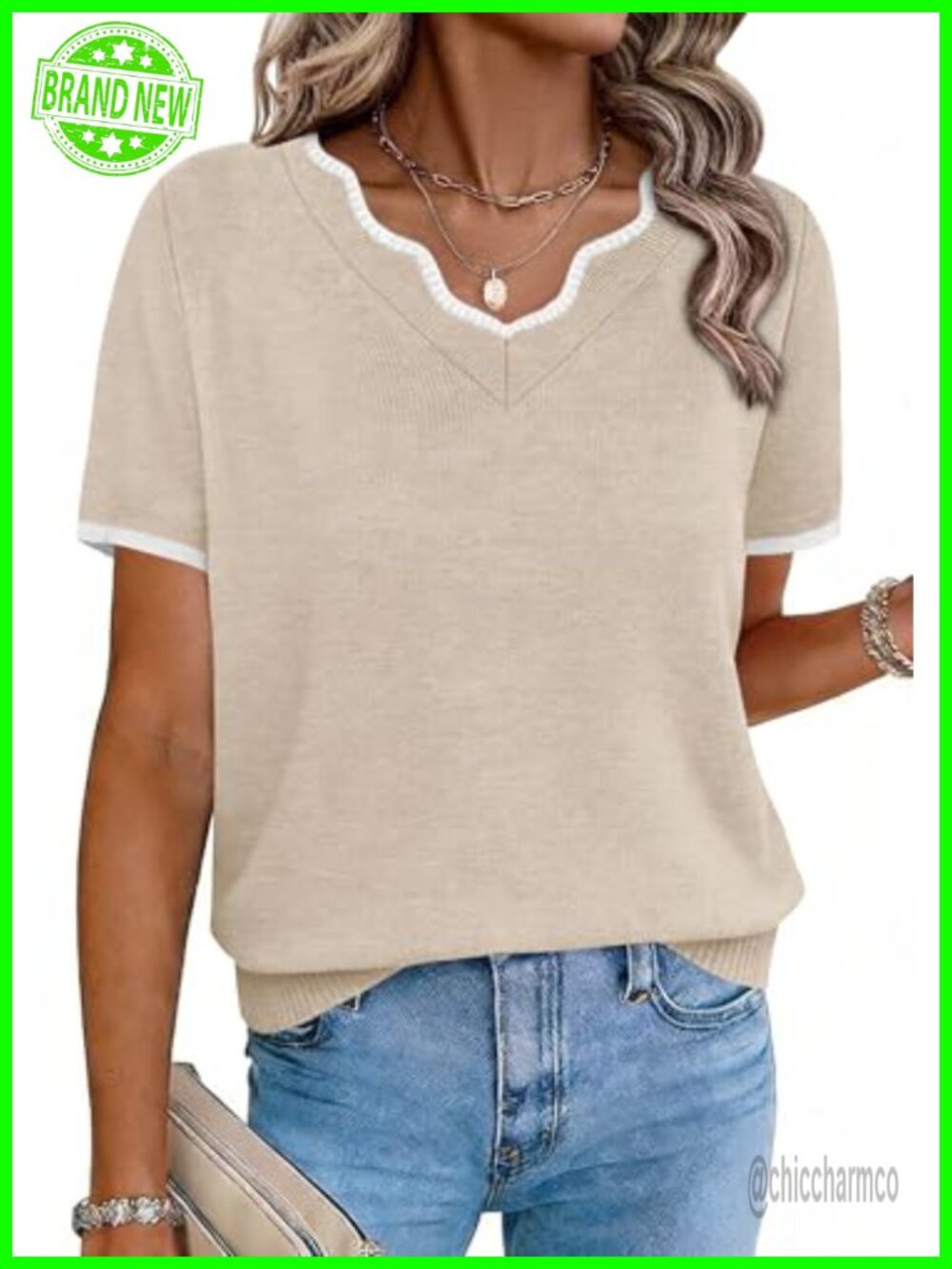 OFEEFAN Women's Short Sleeve V-Neck Sweater Lightweight Business Casual Knit Top